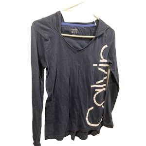 Calvin Klein Performance Shirt Womens Medium Blue Long Sleeve Hooded Activewear